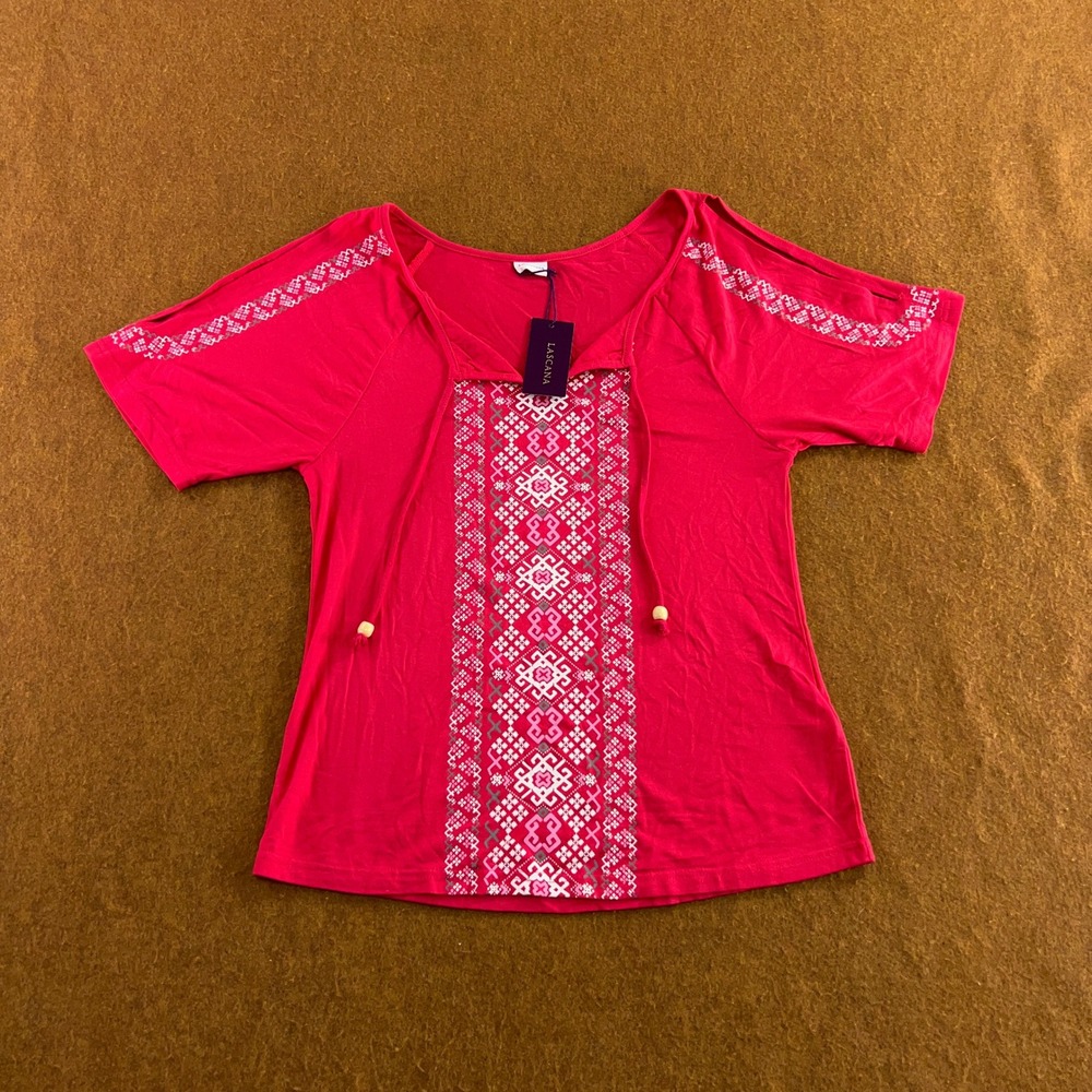 Lascana Womens 0/2 Pink Embroidered Cold Shoulder Tassel Boho Blouse NWT